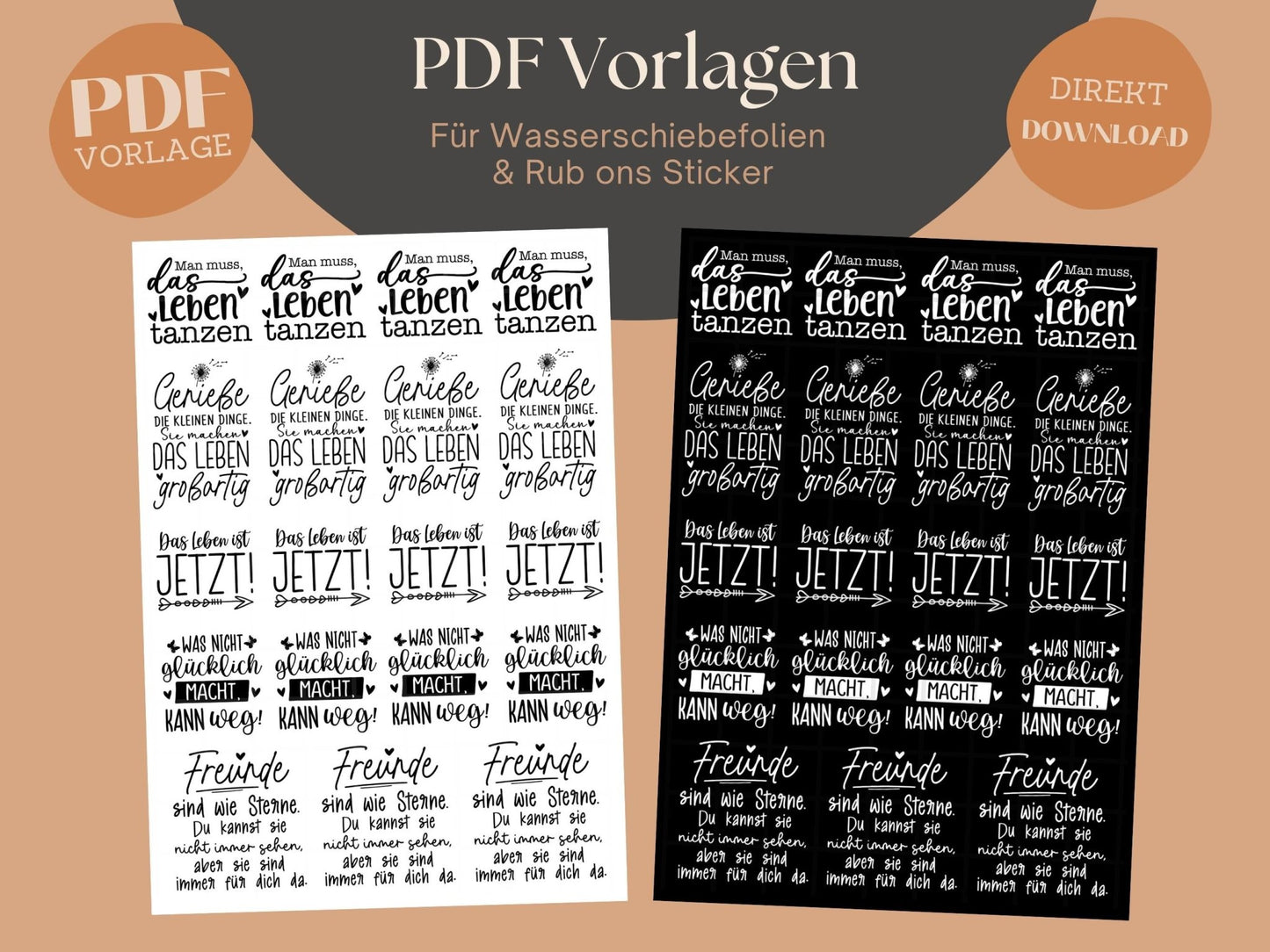 PDF Vorlagen Stumpenkerzen - Rub ons Sticker - Kerzentattoo Kerzensticker - Raysin Keraflott - Windlicht - Kerzenglas - Das Leben ist jetzt - EmidaDesign