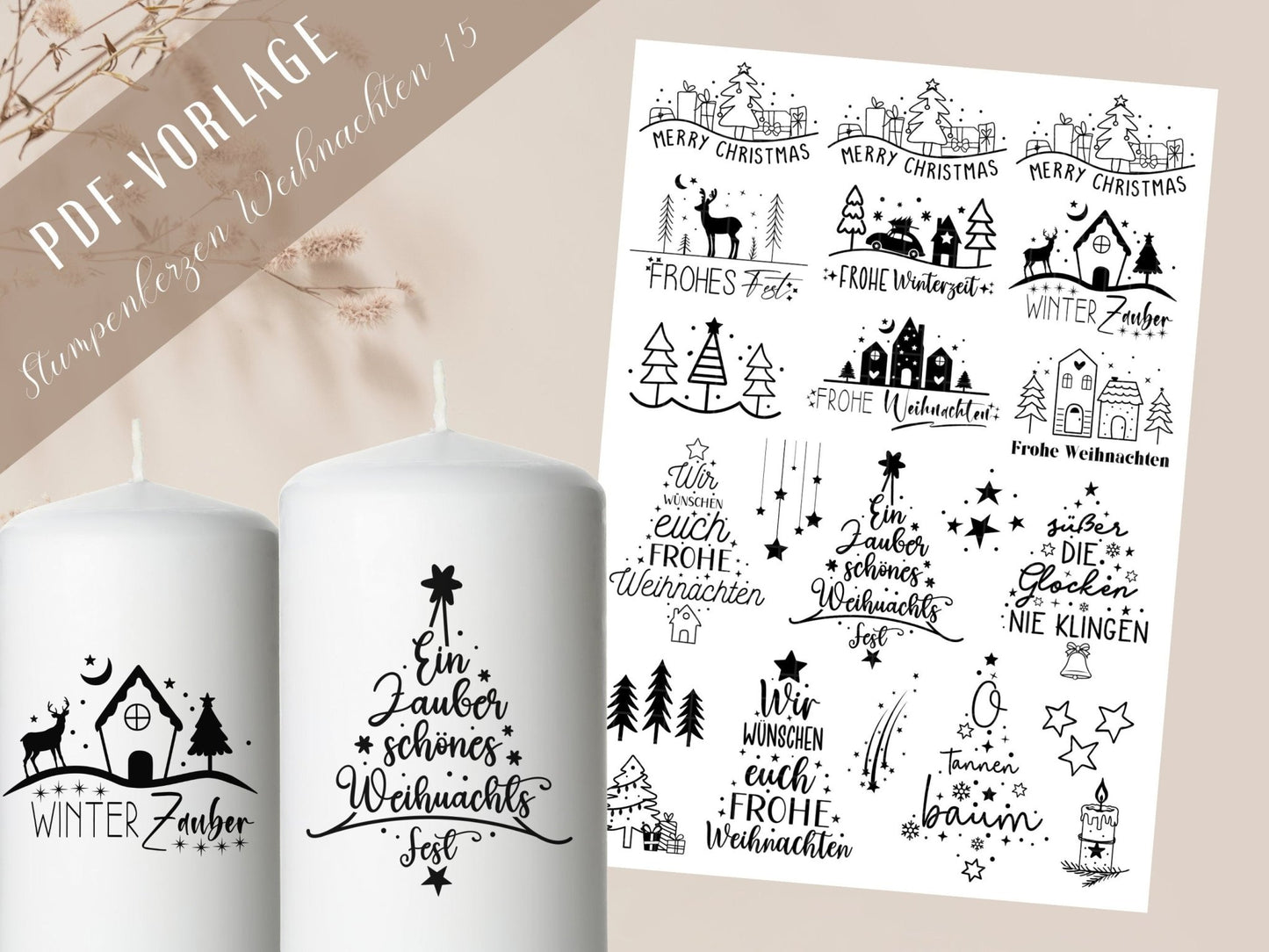 PDF Weihnachten Stumpenkerzen - Kerzentattoo Vorlage Kerzensticker - Tannenbaum - Frohes Fest - Weihnachtslicht – Winterlicht - Kerzen PDF - EmidaDesign