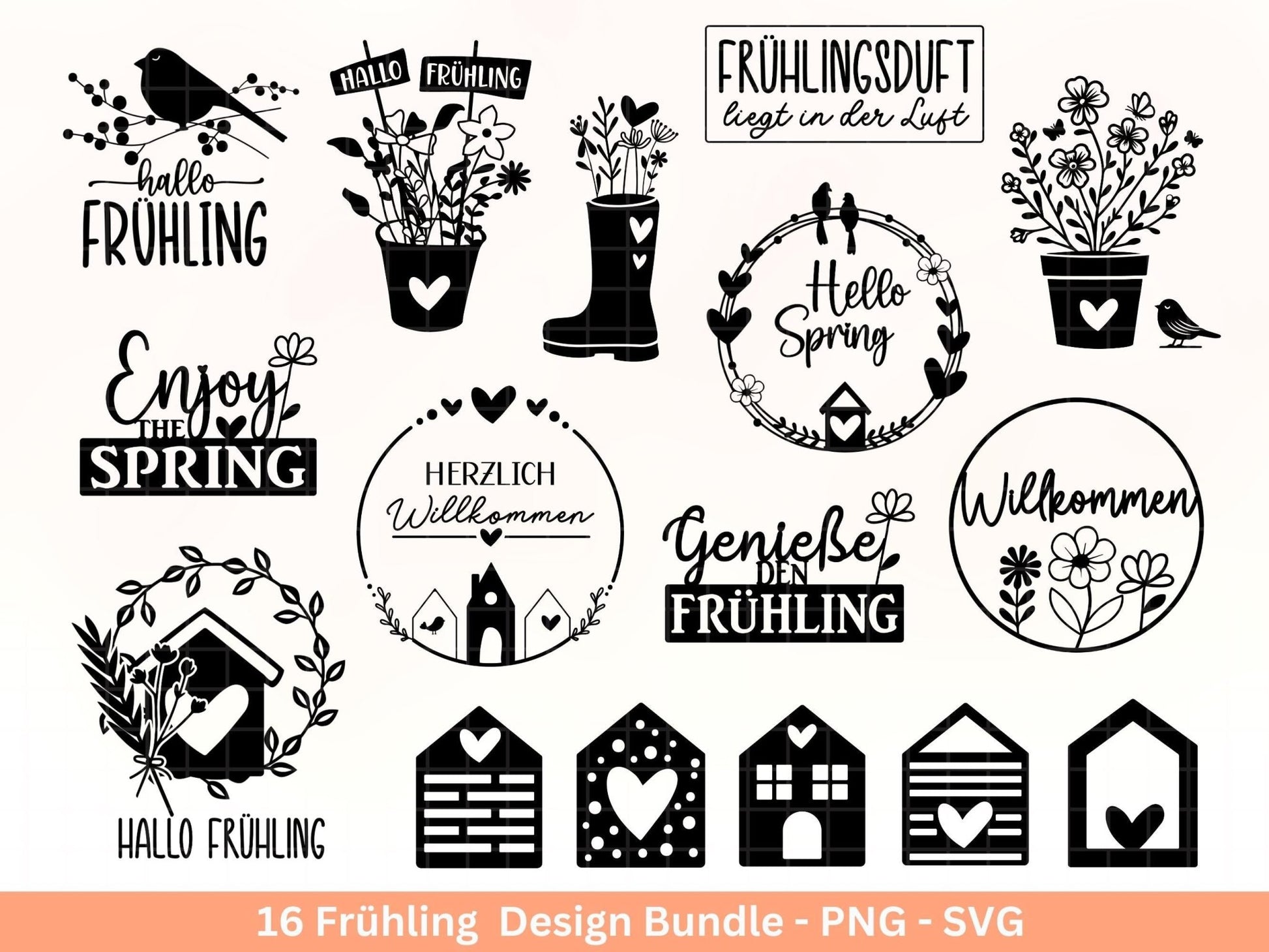 Plotterdatei Frühling - Hallo Frühling - Laserdatei Frühling - Cricut Svg - Ostern Svg - Willkommen svg - Laserdatei Häuser - Frühling Svg - EmidaDesign