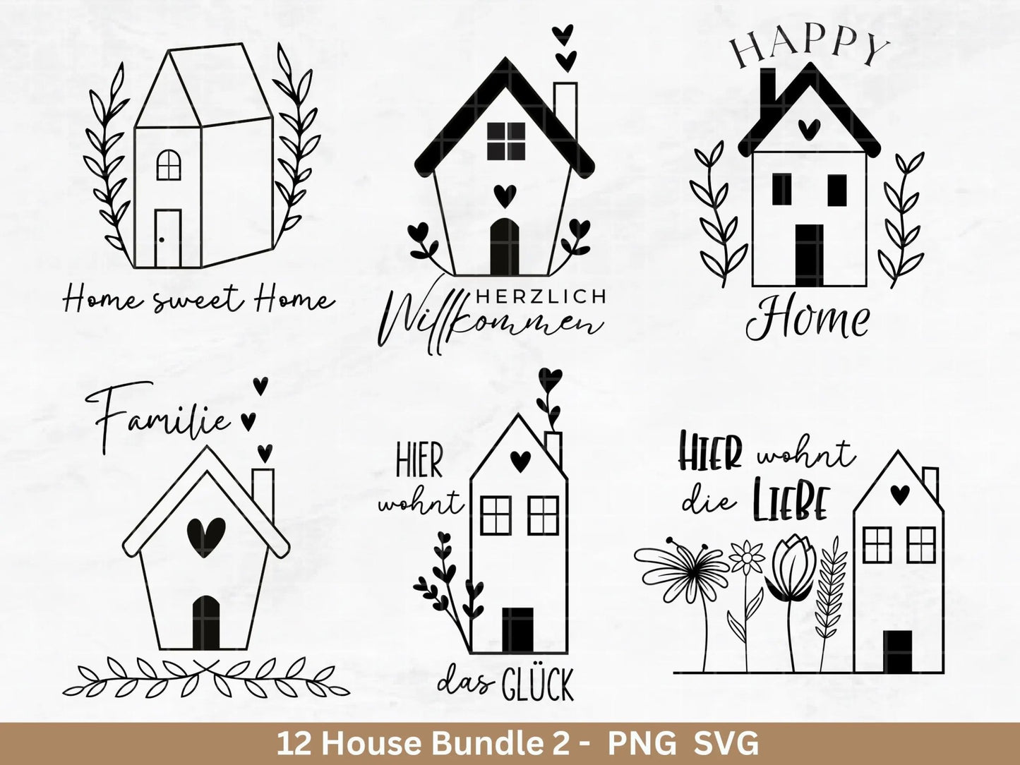 Plotterdatei Willkommen Home svg - Zuhause Schriftzug svg - Clipart Plotterdatei Deutsch - Cricut Silhouette Studio - Blumenhäuser svg - EmidaDesign