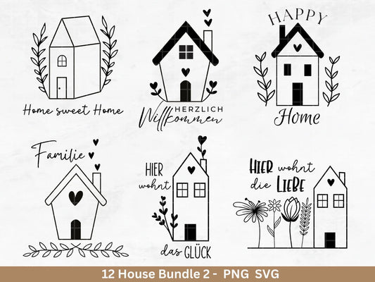 Plotterdatei Willkommen Home svg - Zuhause Schriftzug svg - Clipart Plotterdatei Deutsch - Cricut Silhouette Studio - Blumenhäuser svg - EmidaDesign