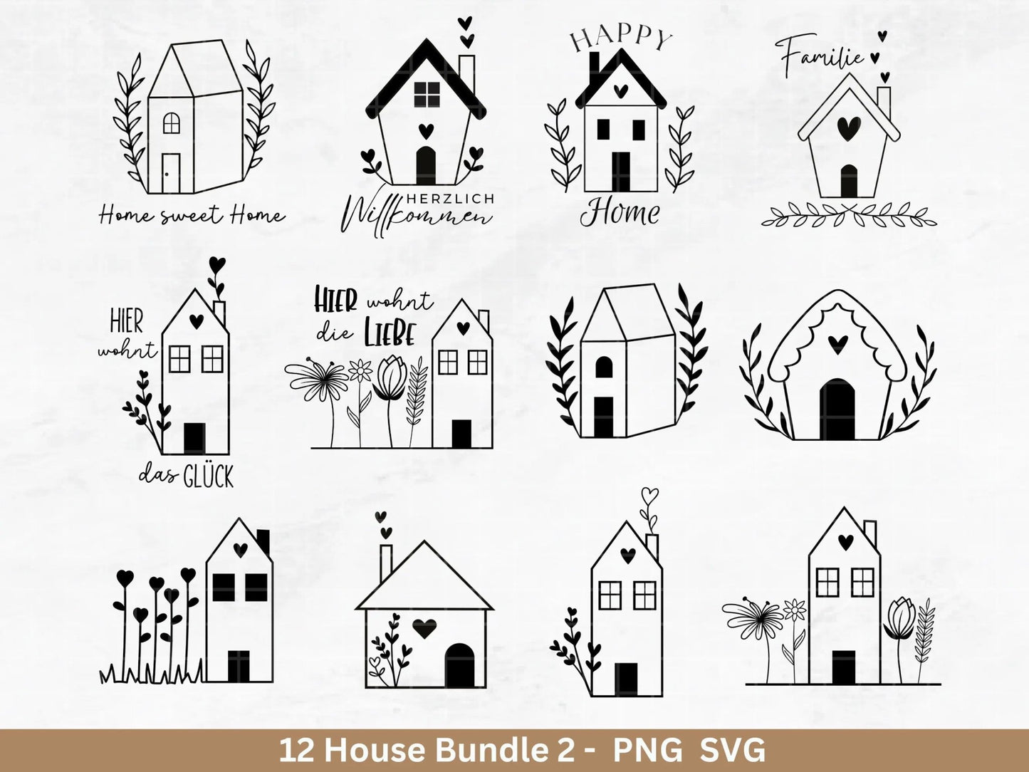 Plotterdatei Willkommen Home svg - Zuhause Schriftzug svg - Clipart Plotterdatei Deutsch - Cricut Silhouette Studio - Blumenhäuser svg - EmidaDesign