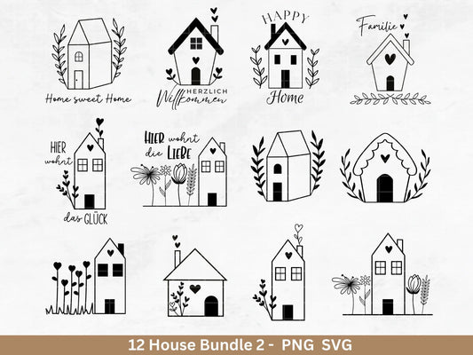 Plotterdatei Willkommen Home svg - Zuhause Schriftzug svg - Clipart Plotterdatei Deutsch - Cricut Silhouette Studio - Blumenhäuser svg - EmidaDesign