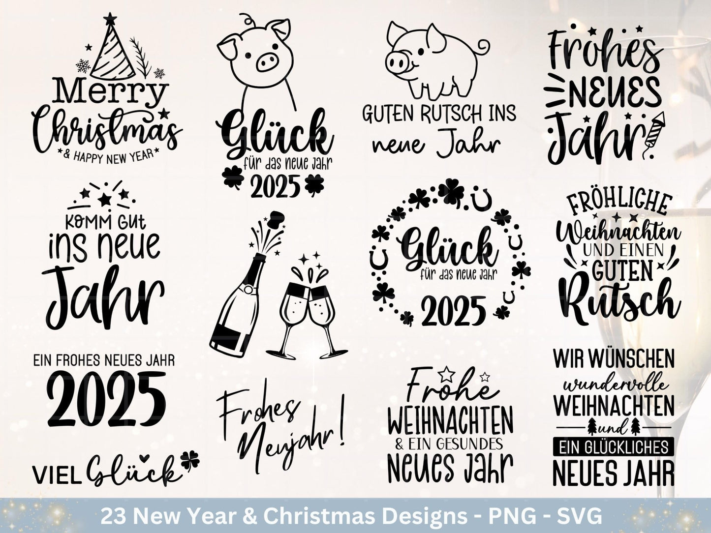 Silvester Plotterdatei - Deutsche Sprüche Svg - Weihnachten Svg - Frohes Neues Jahr 2025 - Silvester Laserdatei - Glücksschwein svg - Glück - EmidaDesign