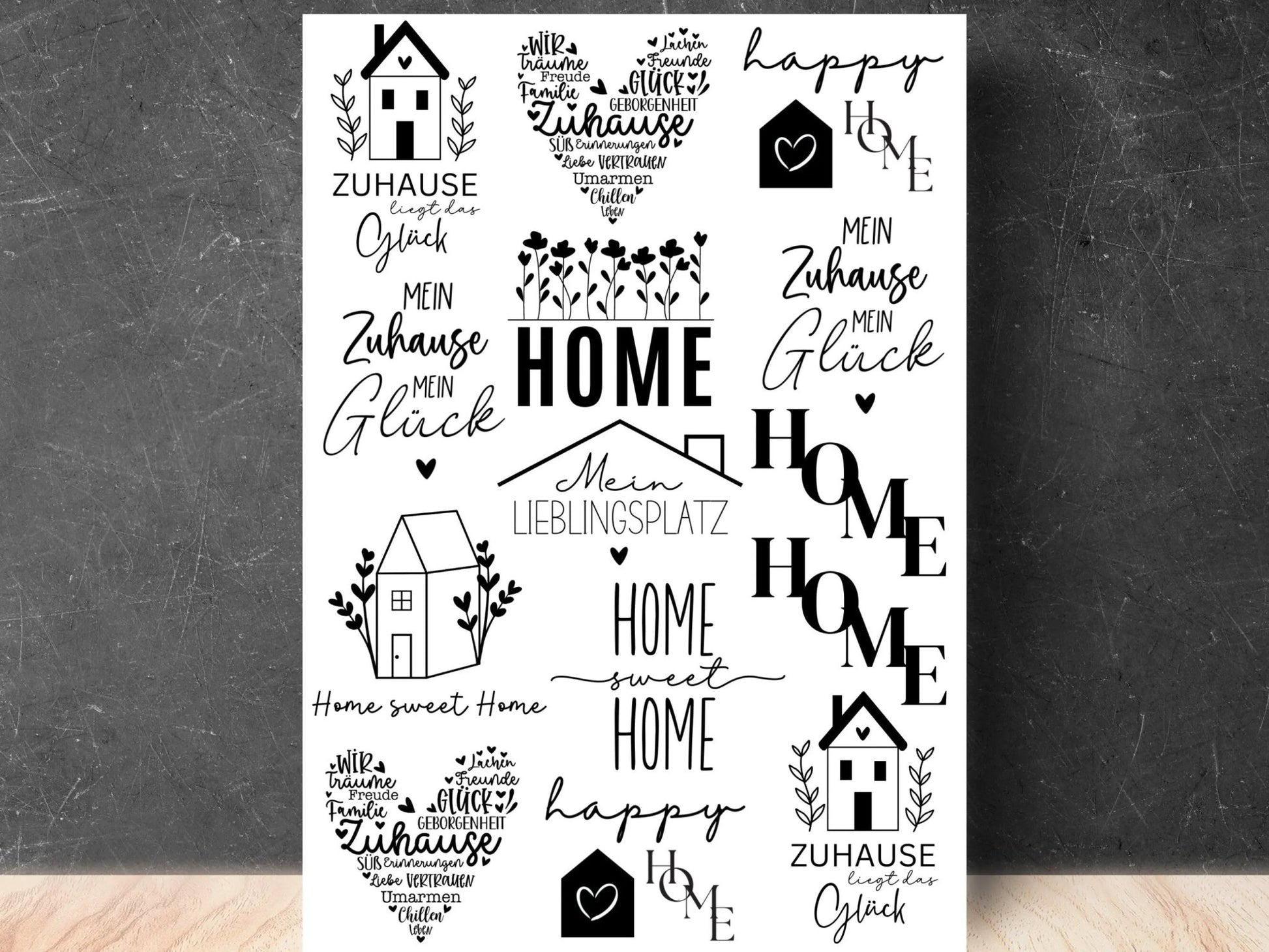 Stumpenkerzen Home PDF Vorlage - Kerzentattoo Kerzensticker - Zuhause wohnt das Glück - Home sweet Home Geschenk - Große Kerzen gestalten - EmidaDesign