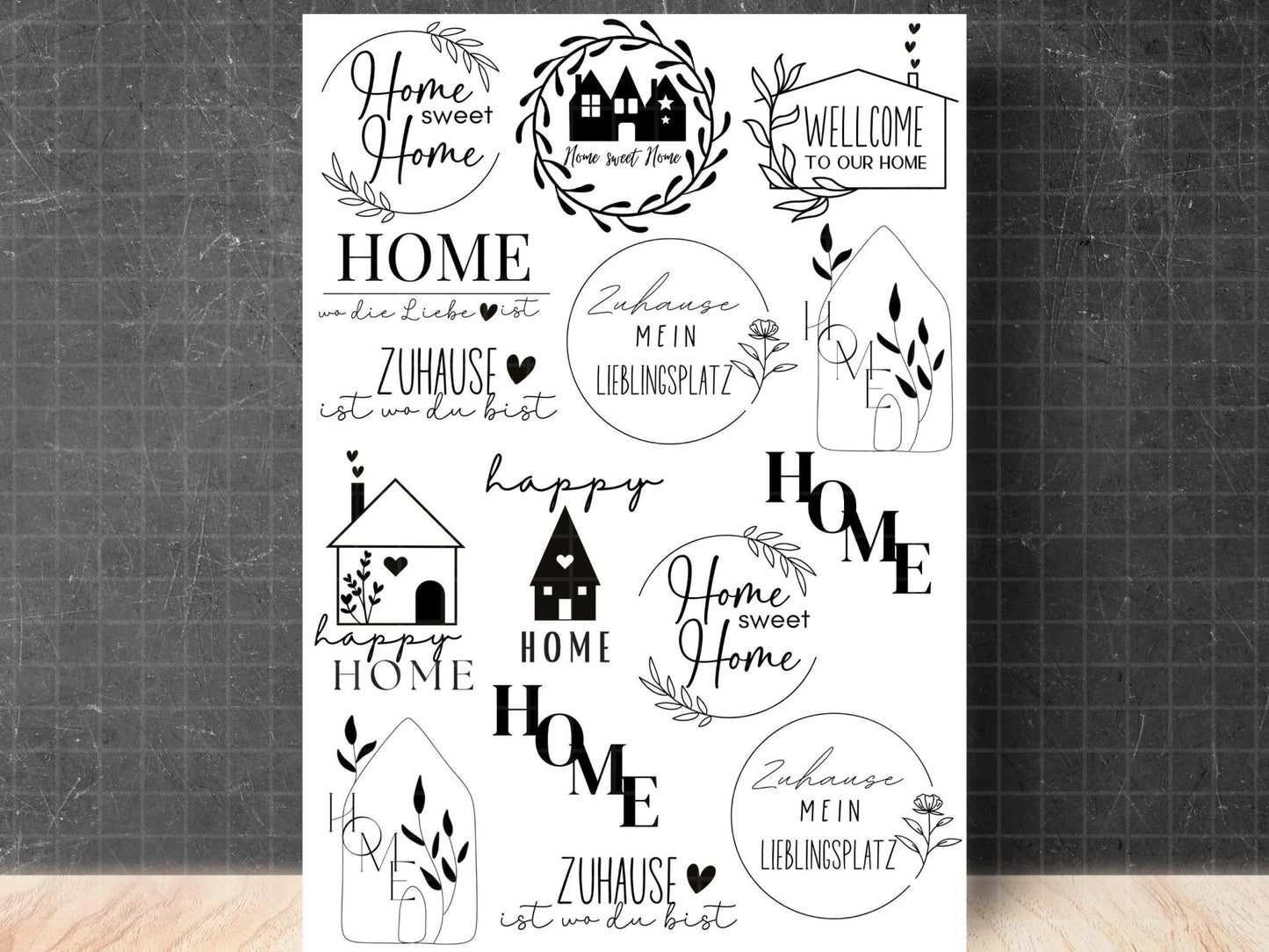 Stumpenkerzen Home PDF Vorlage - Kerzentattoo Kerzensticker - Zuhause wohnt das Glück - Home sweet Home Geschenk - Große Kerzen gestalten - EmidaDesign