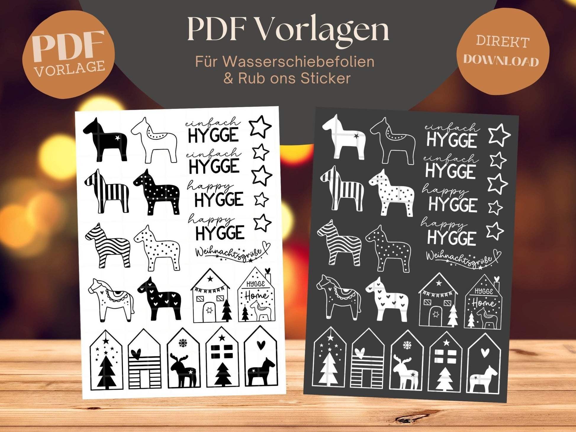 Stumpenkerzen Weihnachten PDF - Kerzentattoo Vorlage - Kerzensticker - Weihnachtshäuser - Schweden Dalapferd - Rub ons - Raysin - Hygee - EmidaDesign