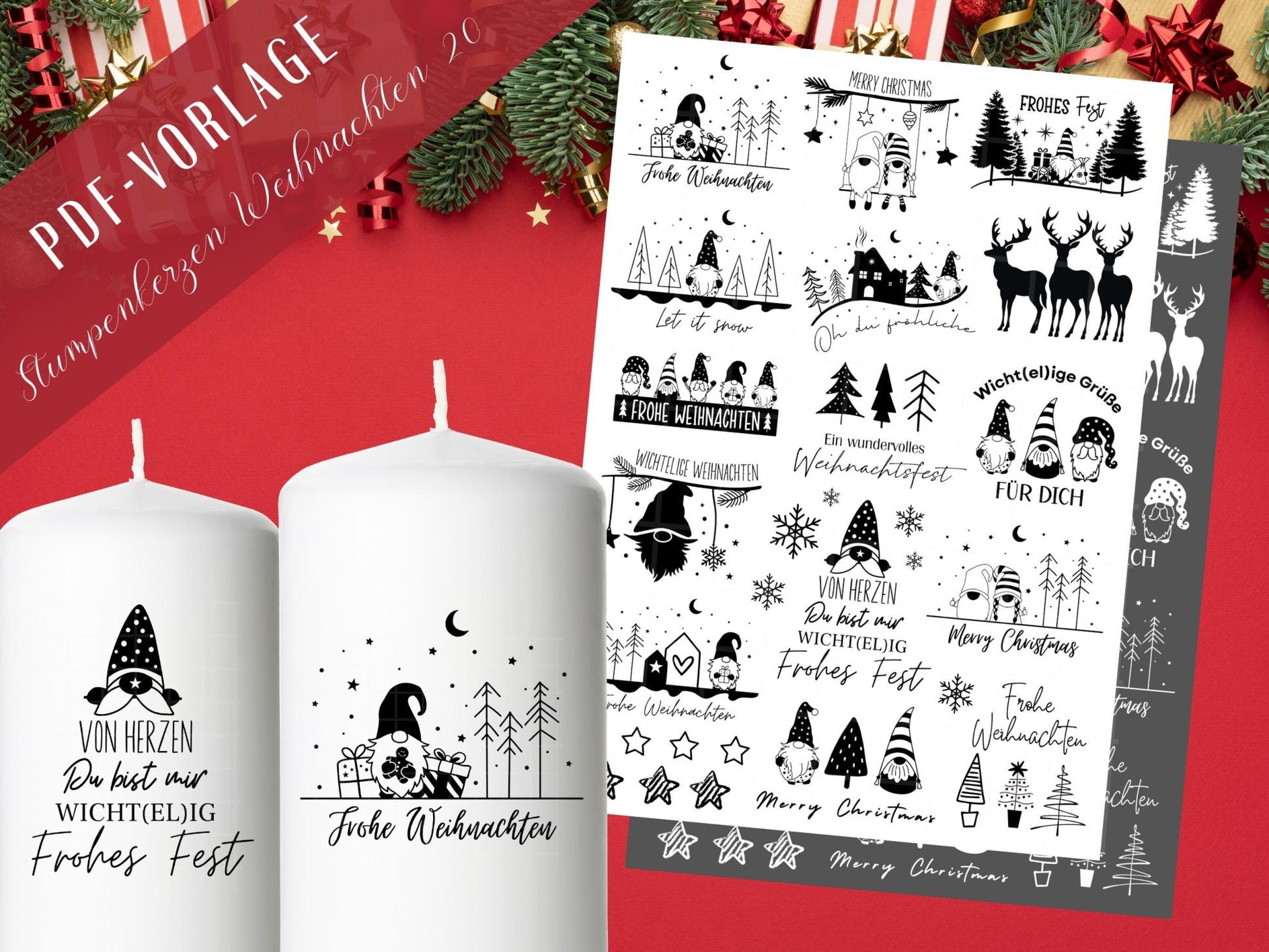 Stumpenkerzen Weihnachten PDF - Kerzentattoo Vorlage - Kerzensticker - Weihnachtswichtel - Adventskerzen - Winterlicht - Rub ons Weihnachten - EmidaDesign