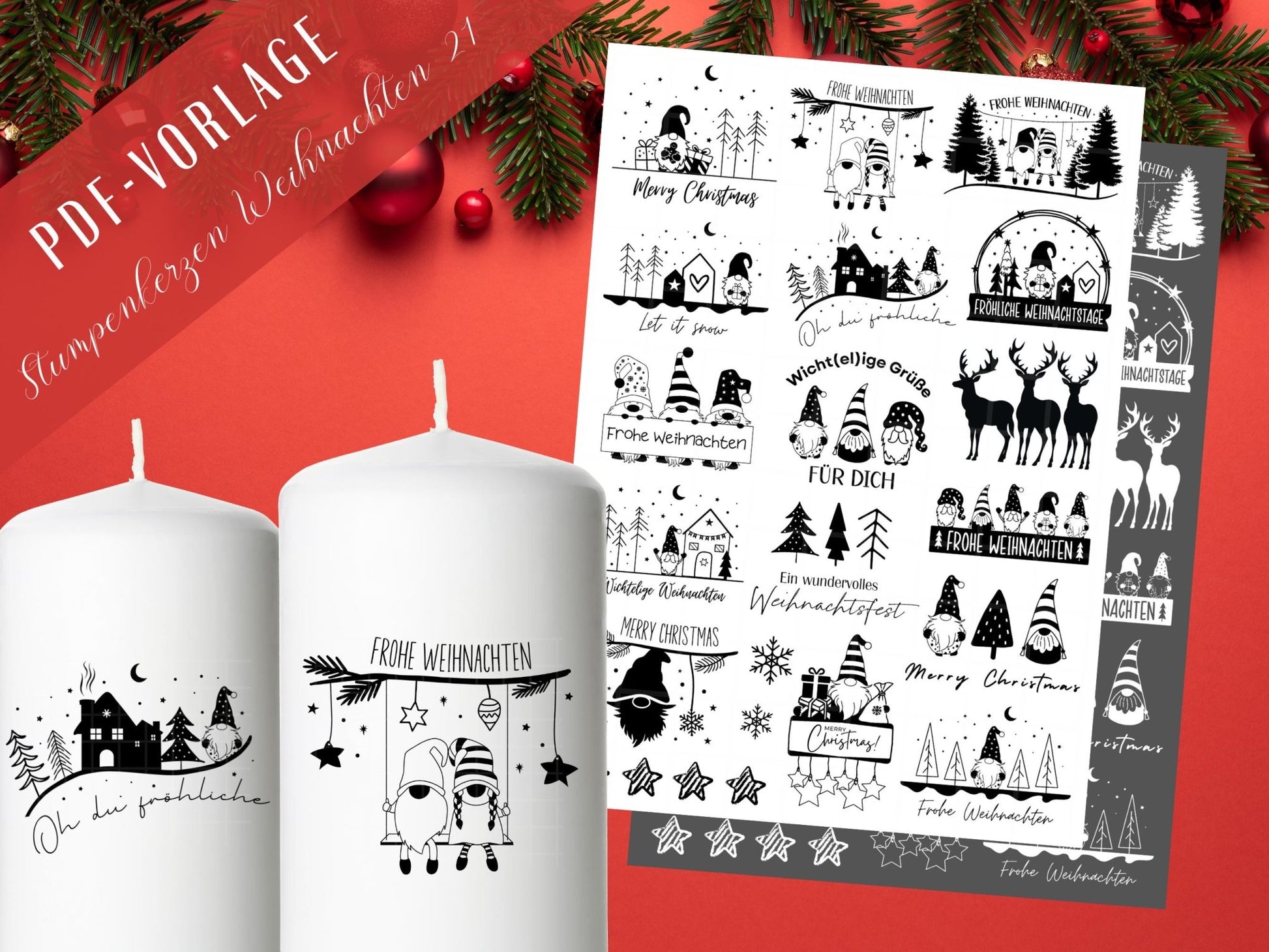 Stumpenkerzen Weihnachten PDF - Kerzentattoo Vorlage - Kerzensticker - Weihnachtswichtel - Adventskerzen - Winterlicht - Rub ons Weihnachten - EmidaDesign