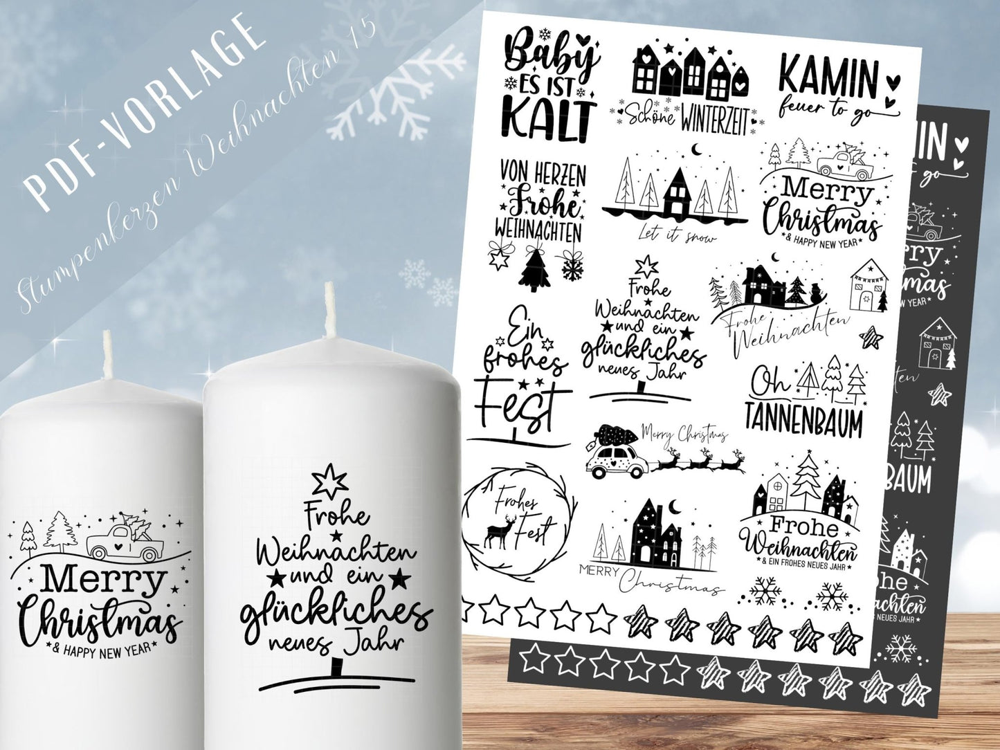 Stumpenkerzen Weihnachten PDF - Kerzentattoo Vorlage - Kerzensticker - Weihnachtszauber - Adventskerzen - Winterlicht - Rub ons Weihnachten - EmidaDesign