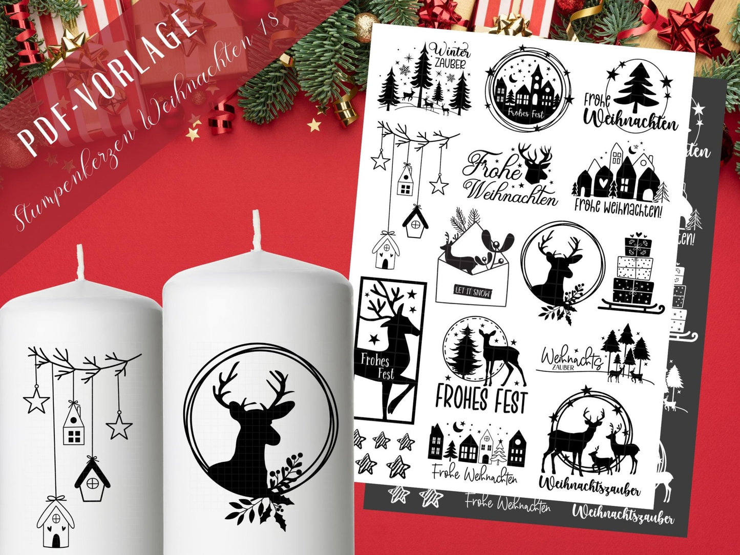 Stumpenkerzen Weihnachten PDF - Kerzentattoo Vorlage - Kerzensticker - Weihnachtszauber - Adventskerzen - Winterlicht - Rub ons Weihnachten - EmidaDesign