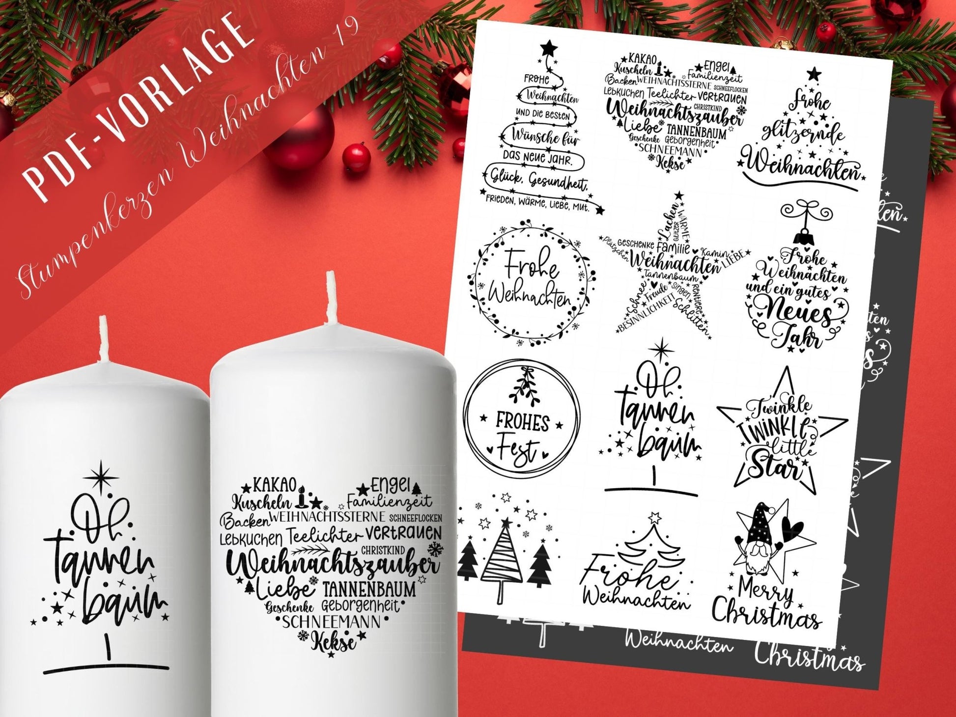 Stumpenkerzen Weihnachten PDF - Kerzentattoo Vorlage - Kerzensticker - Weihnachtszauber - Adventskerzen - Winterlicht - Rub ons Weihnachten - EmidaDesign