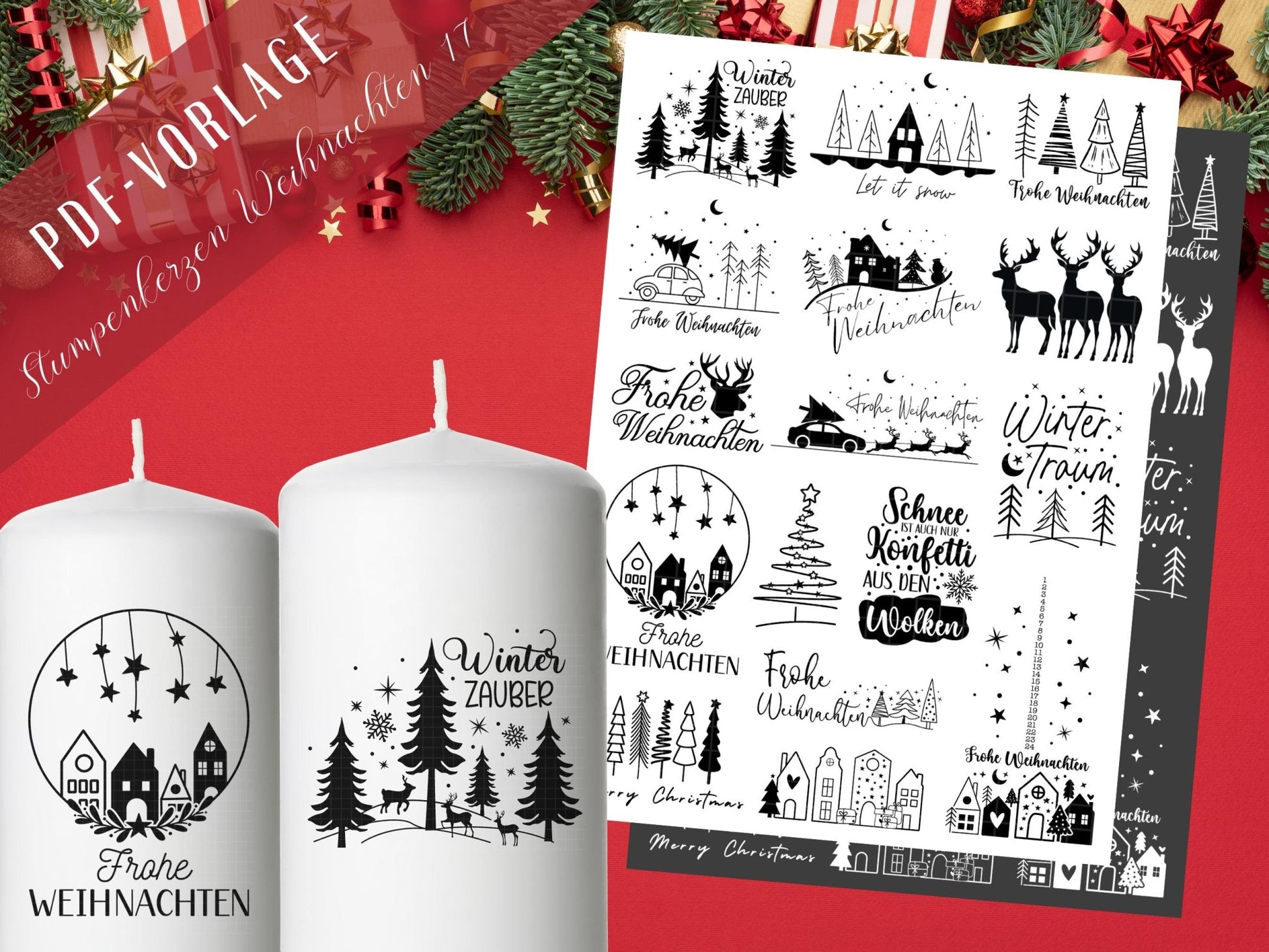 Stumpenkerzen Weihnachten PDF - Kerzentattoo Vorlage - Kerzensticker - Weihnachtszauber - Adventskerzen - Winterlicht - Rub ons Weihnachten - EmidaDesign