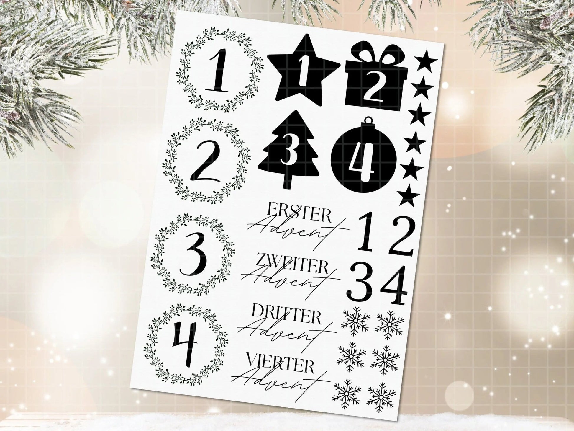 Stumpenkerzen Weihnachten PDF Vorlage - Kerzentattoo Kerzensticker - Weihnachtszauber - Adventskerzen - Winterlicht - Große Kerzen gestalten - EmidaDesign