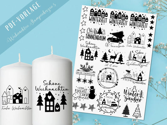 Stumpenkerzen Weihnachten PDF Vorlage - Kerzentattoo Kerzensticker - Weihnachtszauber - Adventskerzen - Winterlicht - Große Kerzen gestalten - EmidaDesign