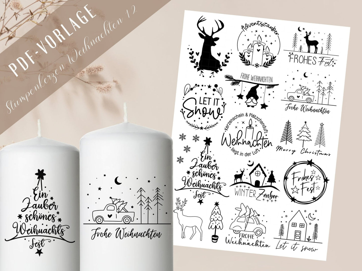 Stumpenkerzen Weihnachten PDF Vorlage - Kerzentattoo Kerzensticker - Weihnachtszauber - Adventskerzen - Winterlicht - Große Kerzen gestalten - EmidaDesign