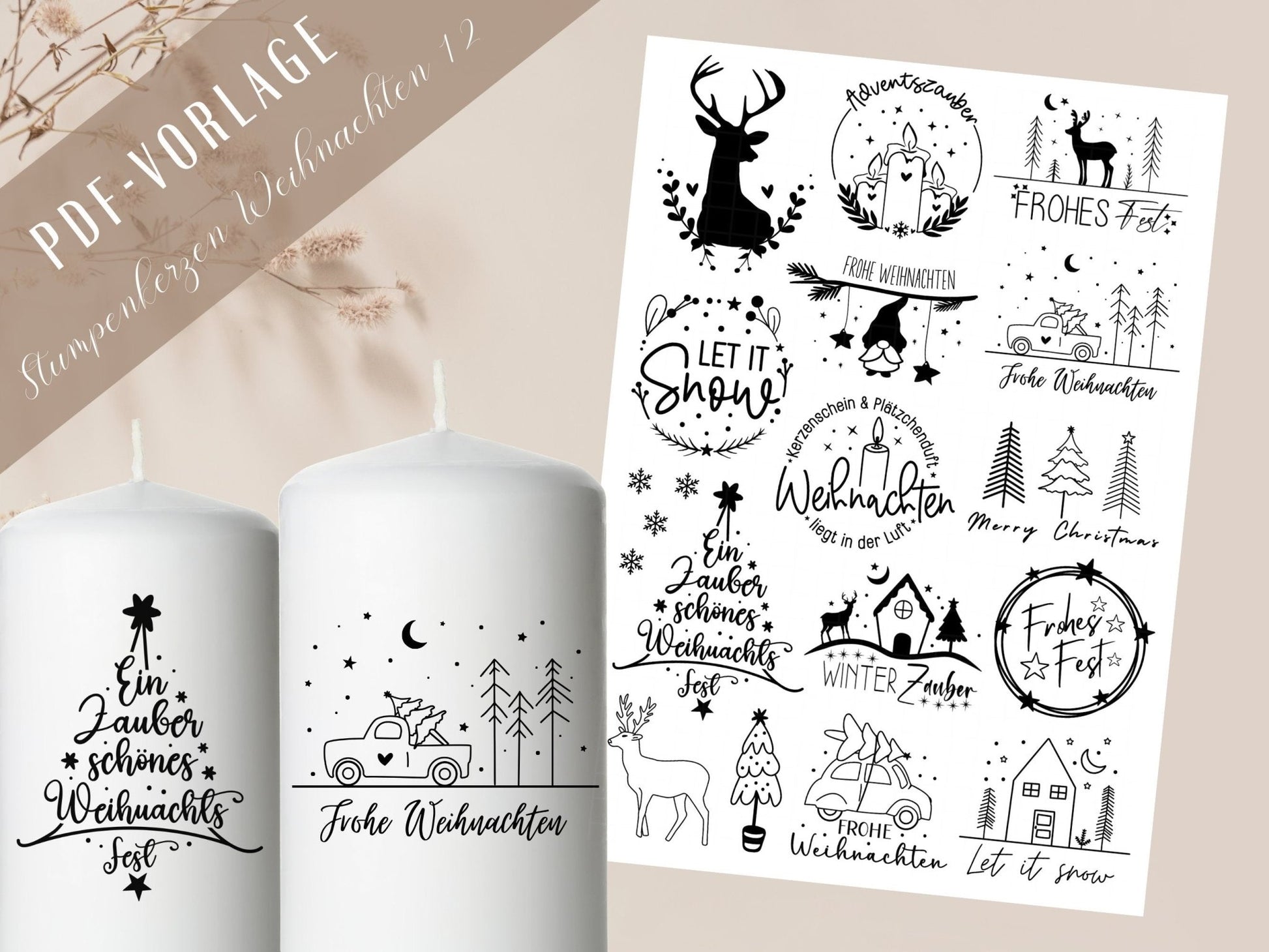 Stumpenkerzen Weihnachten PDF Vorlage - Kerzentattoo Kerzensticker - Weihnachtszauber - Adventskerzen - Winterlicht - Große Kerzen gestalten - EmidaDesign