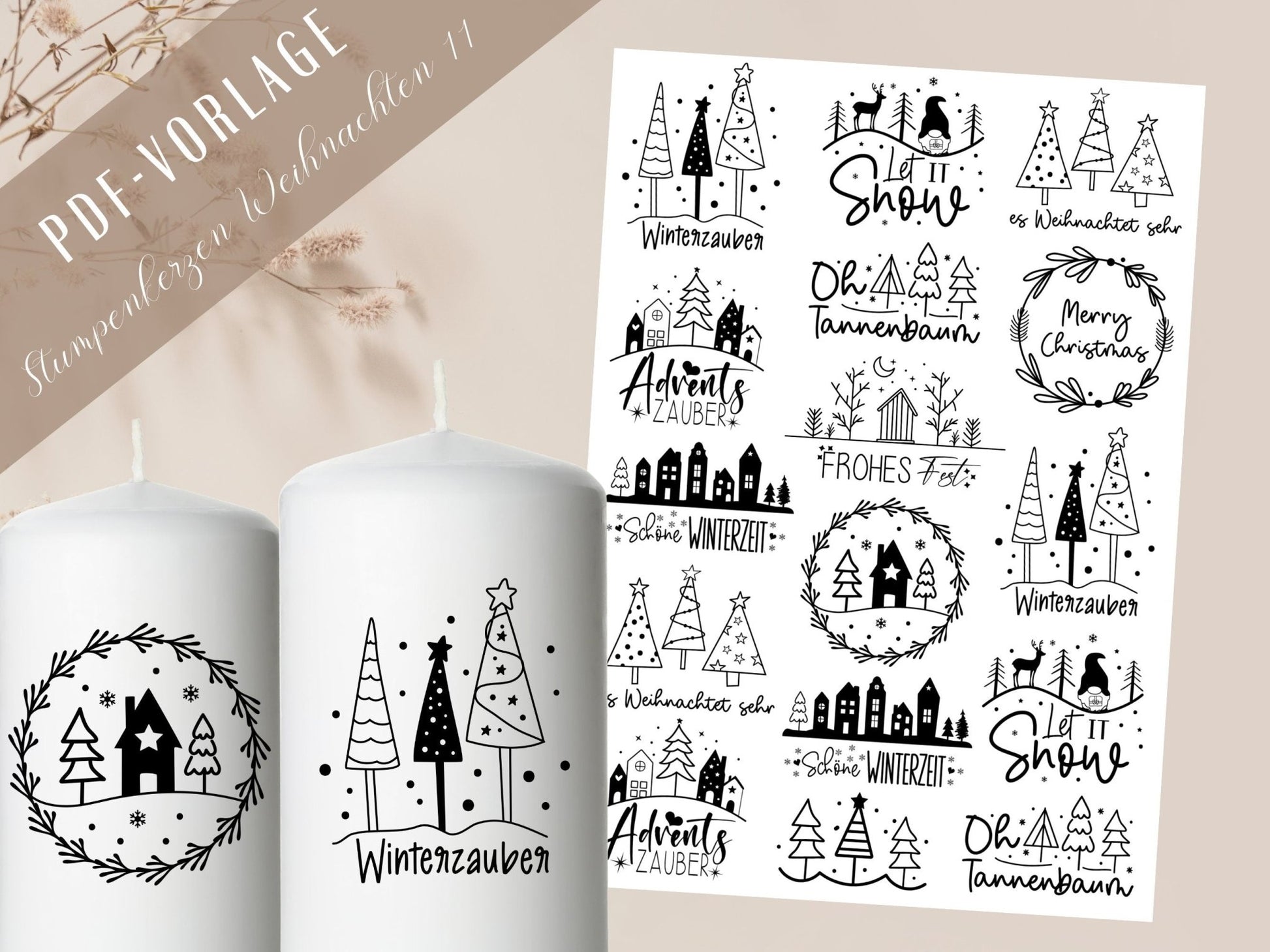 Stumpenkerzen Weihnachten PDF Vorlage - Kerzentattoo Kerzensticker - Weihnachtszauber - Adventskerzen - Winterlicht - Große Kerzen gestalten - EmidaDesign