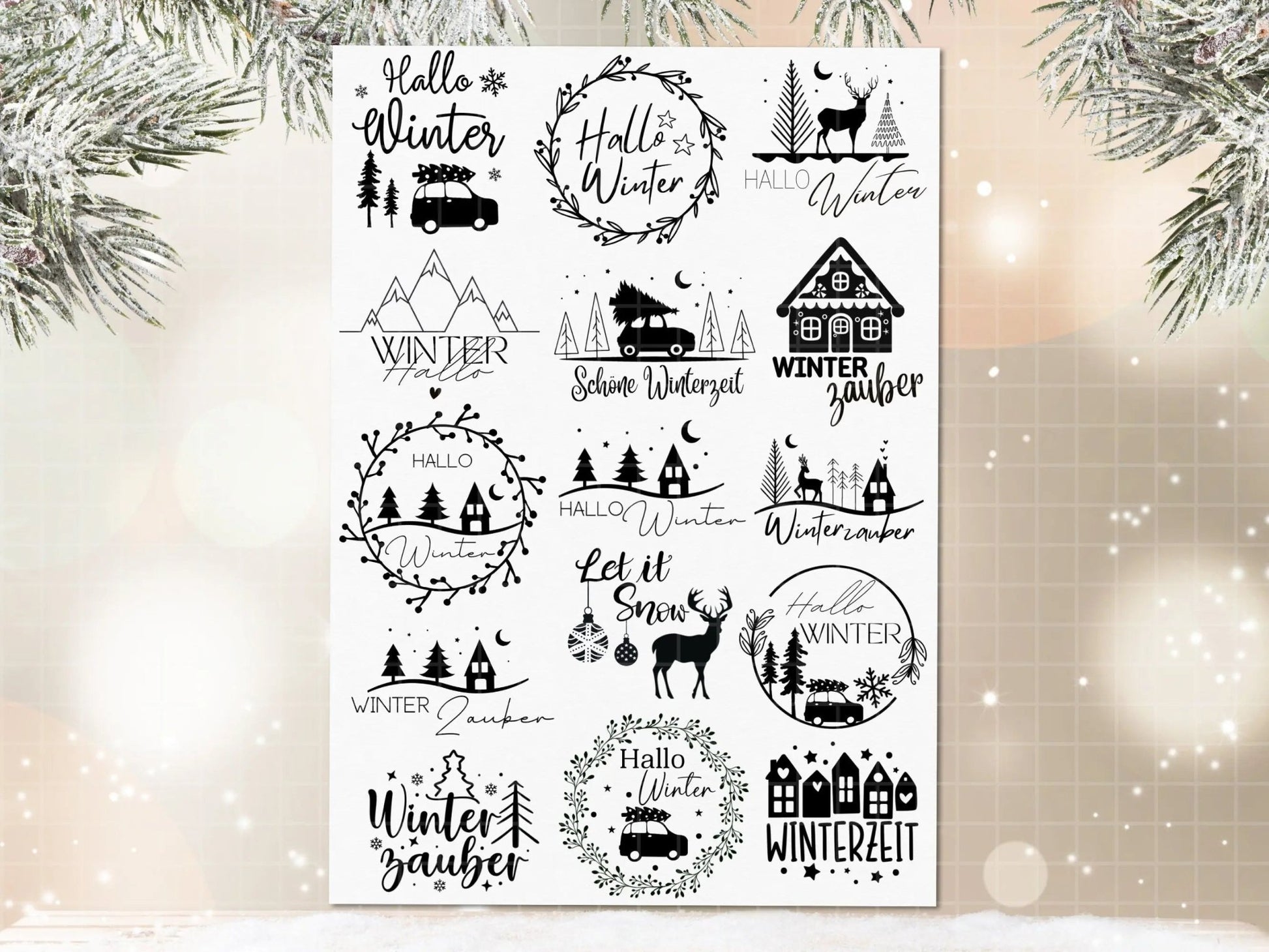 Stumpenkerzen Weihnachten PDF Vorlage - Kerzentattoo Kerzensticker - Weihnachtszauber - Hallo Winter - Winterlicht - Große Kerzen gestalten - EmidaDesign