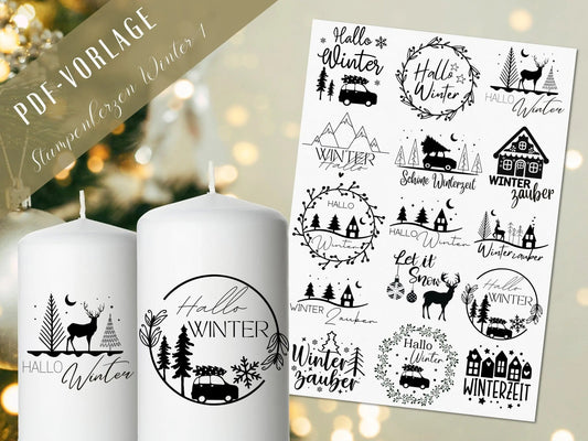 Stumpenkerzen Weihnachten PDF Vorlage - Kerzentattoo Kerzensticker - Weihnachtszauber - Hallo Winter - Winterlicht - Große Kerzen gestalten - EmidaDesign