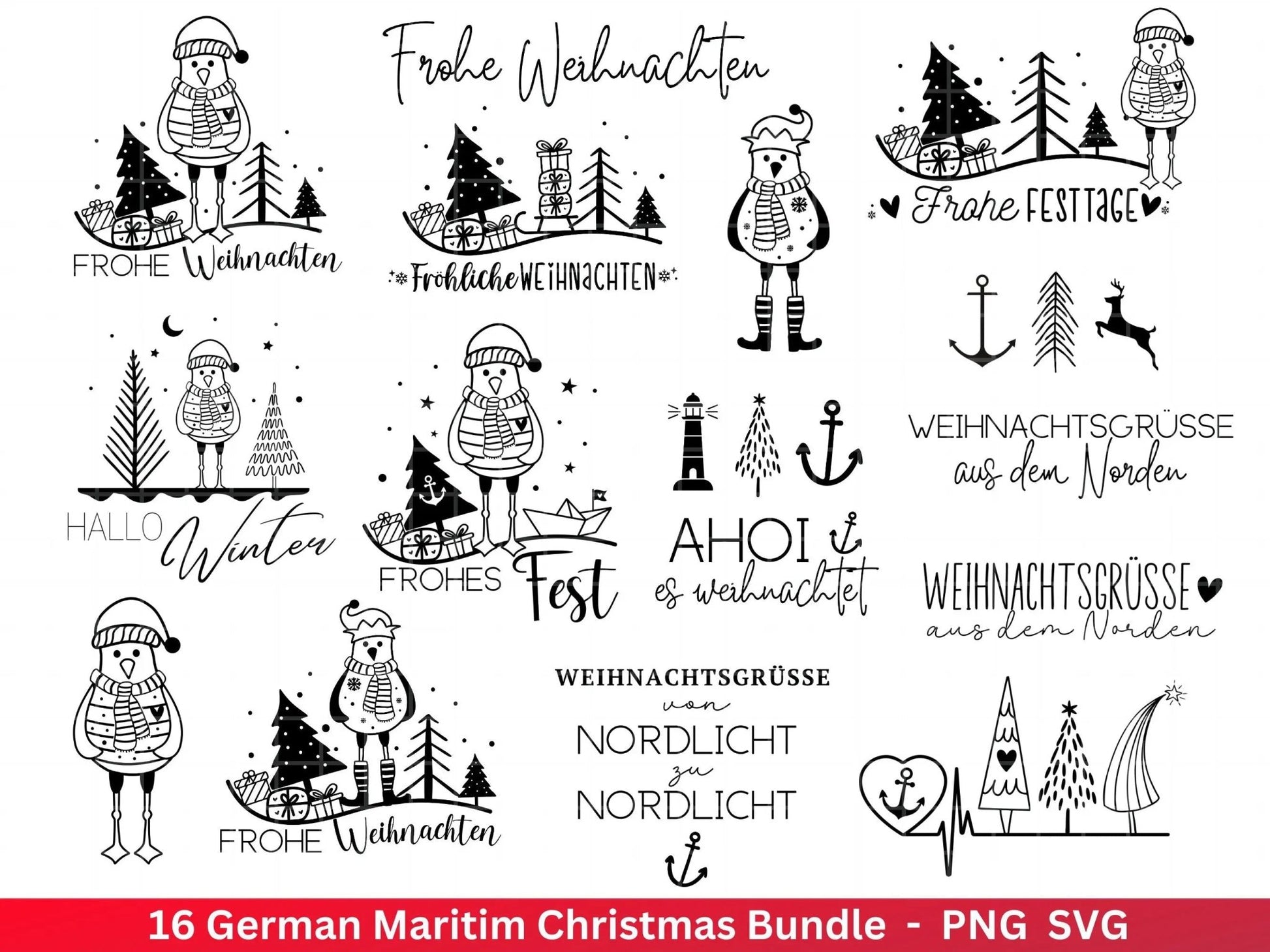 Weihnachten Maritim Plotterdatei Svg Png - Plotterdatei Möwe - Schriftzüge Weihnachten deutsch - Nordlicht Silhouette Cricut Download - EmidaDesign