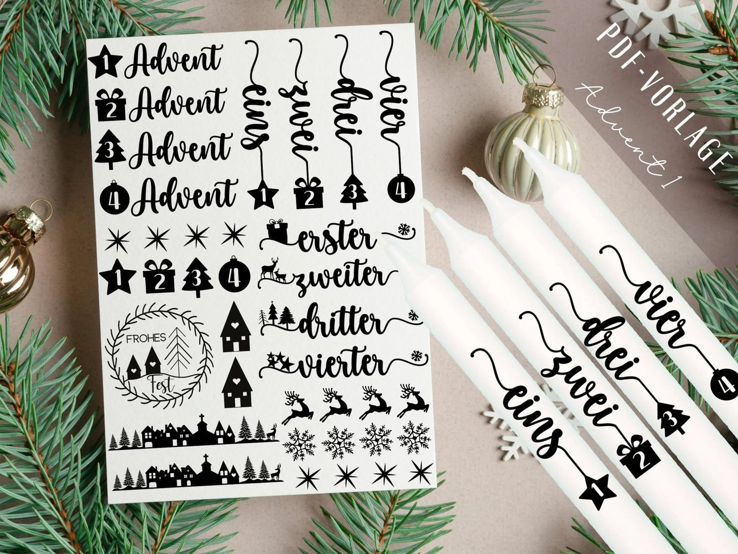 Weihnachten PDF Vorlage - Adventskerzen Tattoo Vorlage - Kerzen selbst gestalten - Kerzensticker Weihnachtszeit - Weihnachtskerze - Advent - EmidaDesign