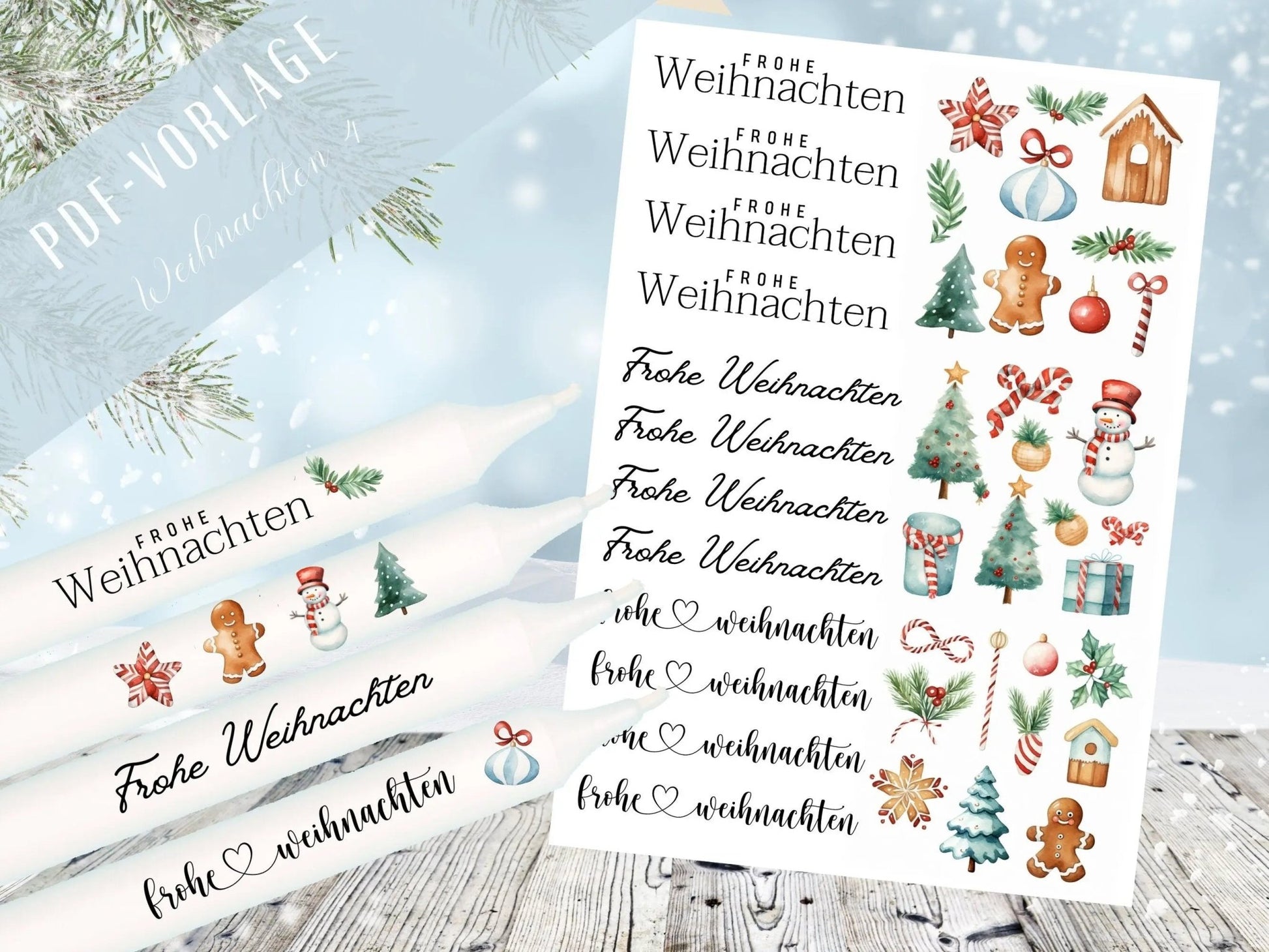 Weihnachten PDF Vorlage - Kerzen Tattoo Vorlage - Kerzen selbst gestalten - Kerzensticker Weihnachtszeit - Winterlicht Adventskerzen Deko - EmidaDesign