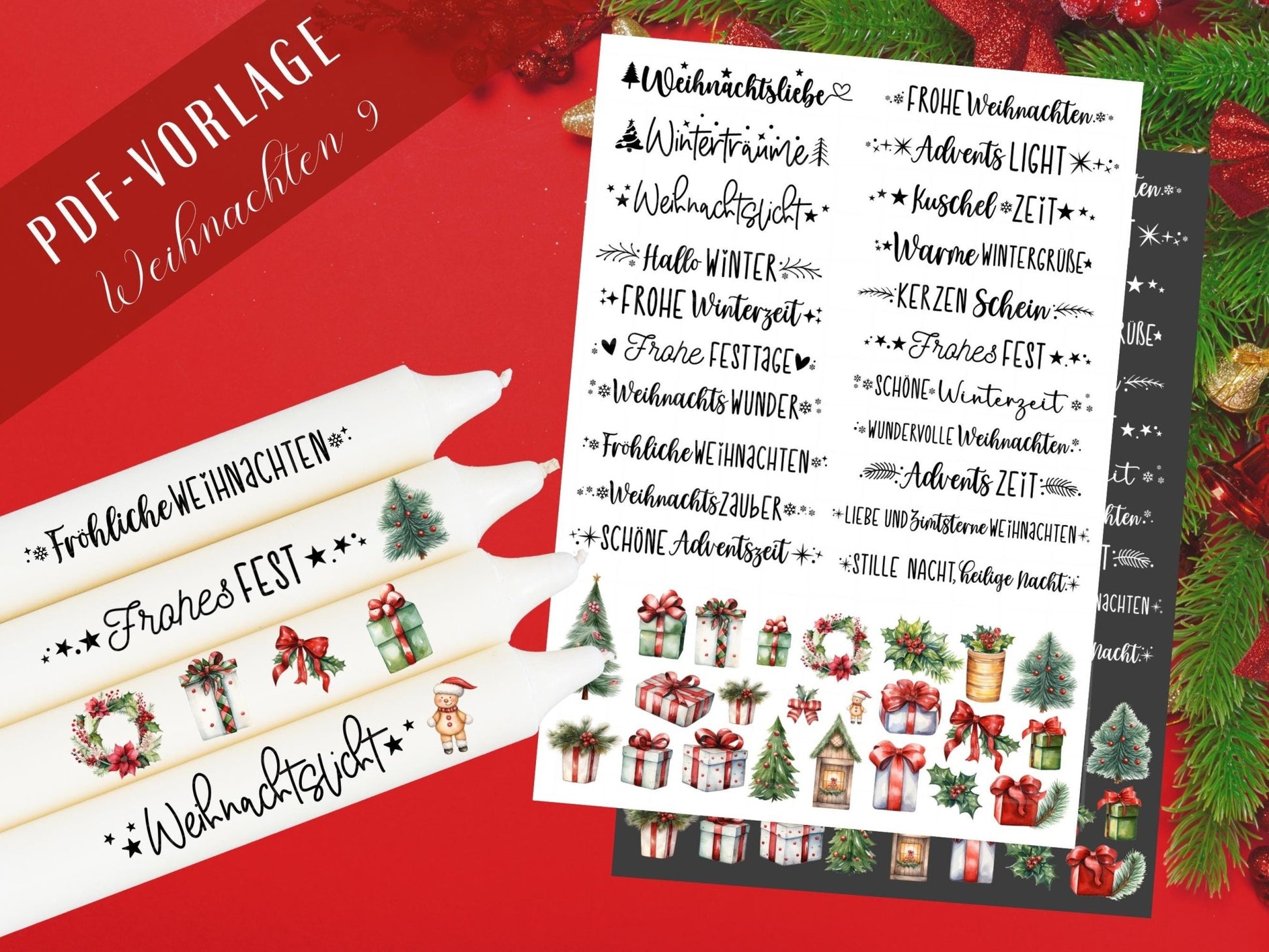 Weihnachten PDF Vorlage - Kerzentattoo Vorlage - Kerzen selbst gestalten - Kerzensticker Frohe Weihnachten - Winterkerze - Rub ons Sticker - EmidaDesign