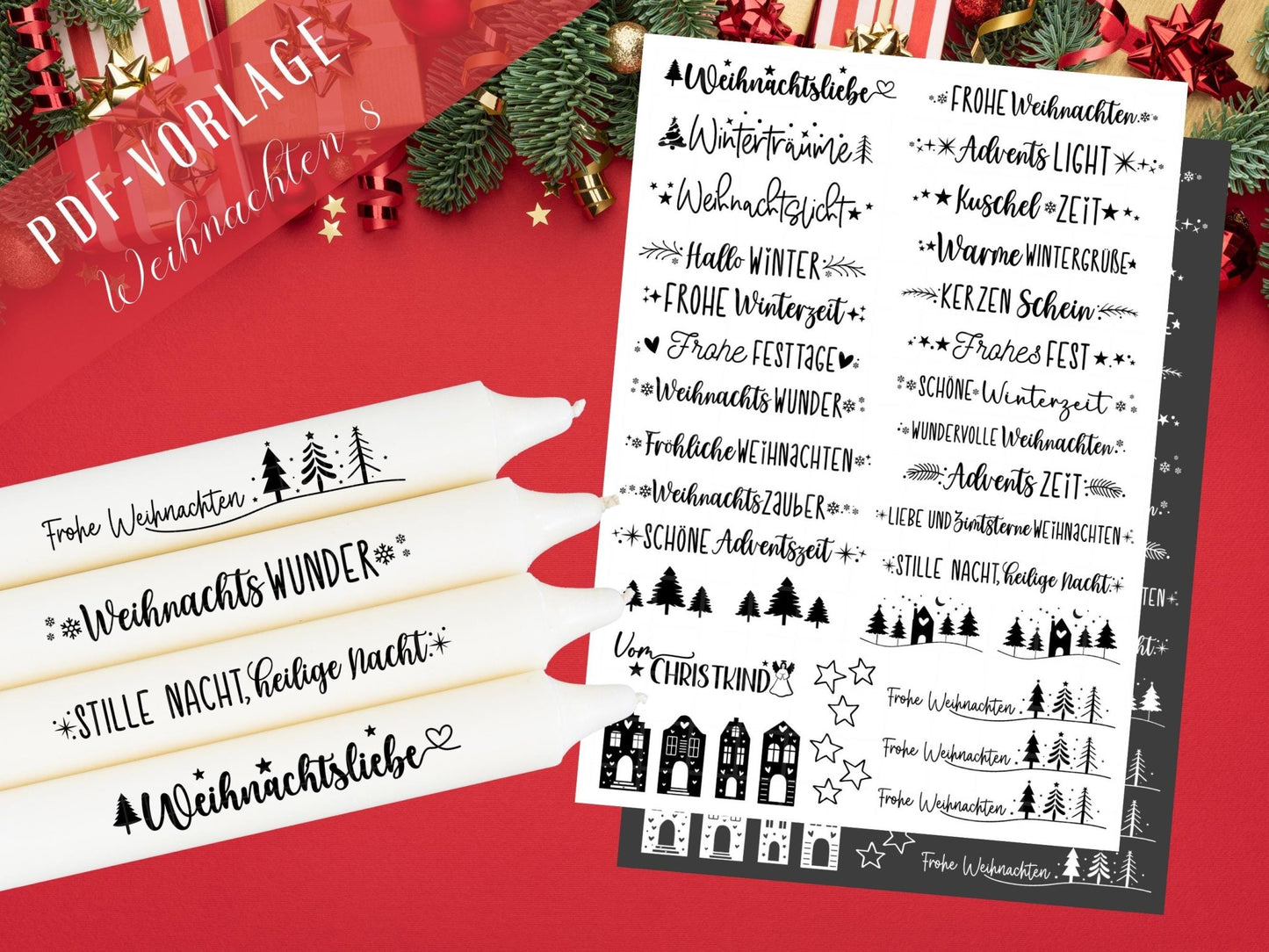 Weihnachten PDF Vorlage - Kerzentattoo Vorlage - Kerzen selbst gestalten - Kerzensticker Weihnachtszeit - Winterlicht - Rub ons Sticker - EmidaDesign