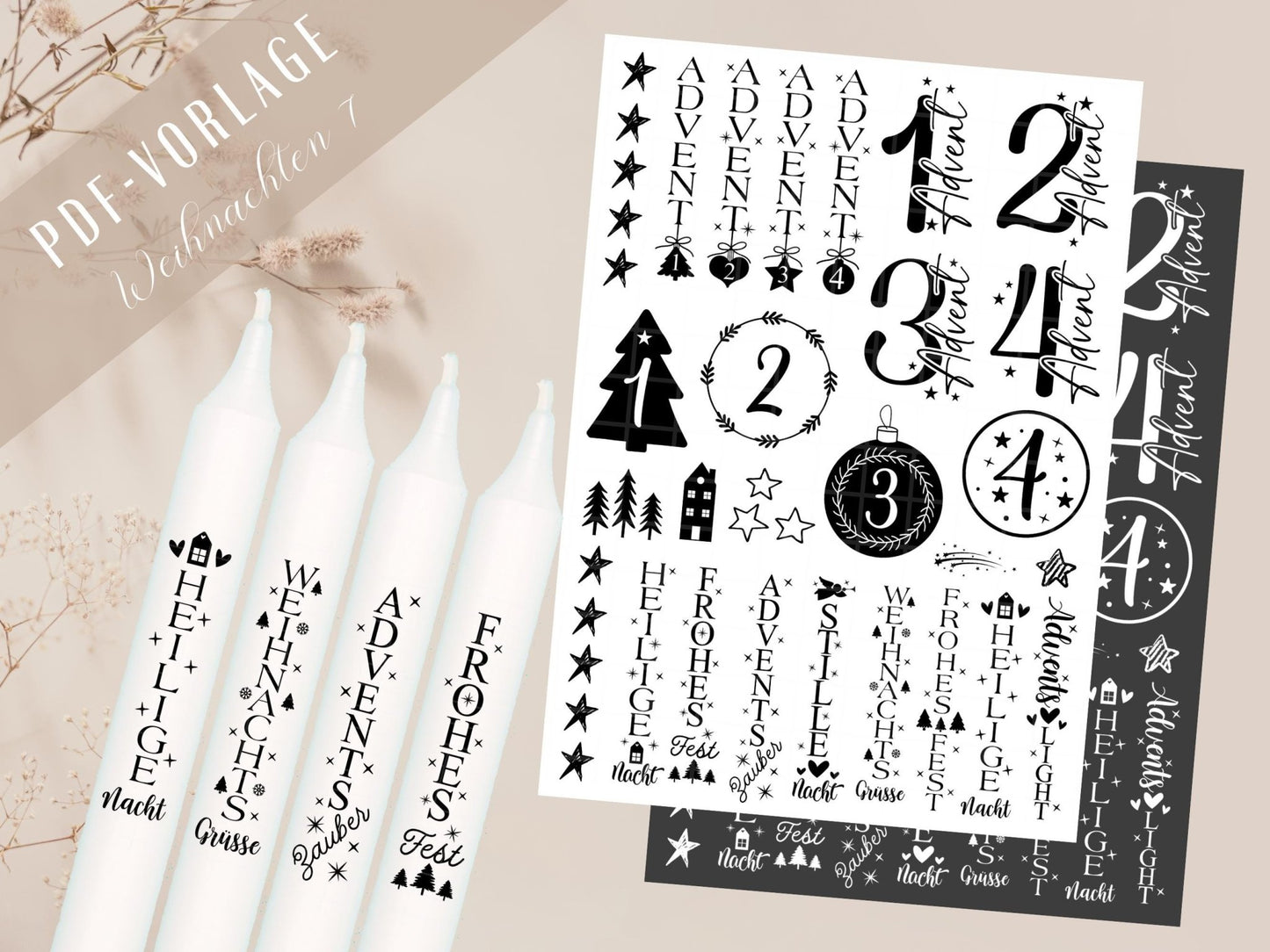 Weihnachten PDF Vorlage - Kerzentattoo Vorlage - Kerzensticker Weihnachtszeit - Winterlicht Adventskerzen - Stumpenkerzen - Rub ons Sticker - EmidaDesign