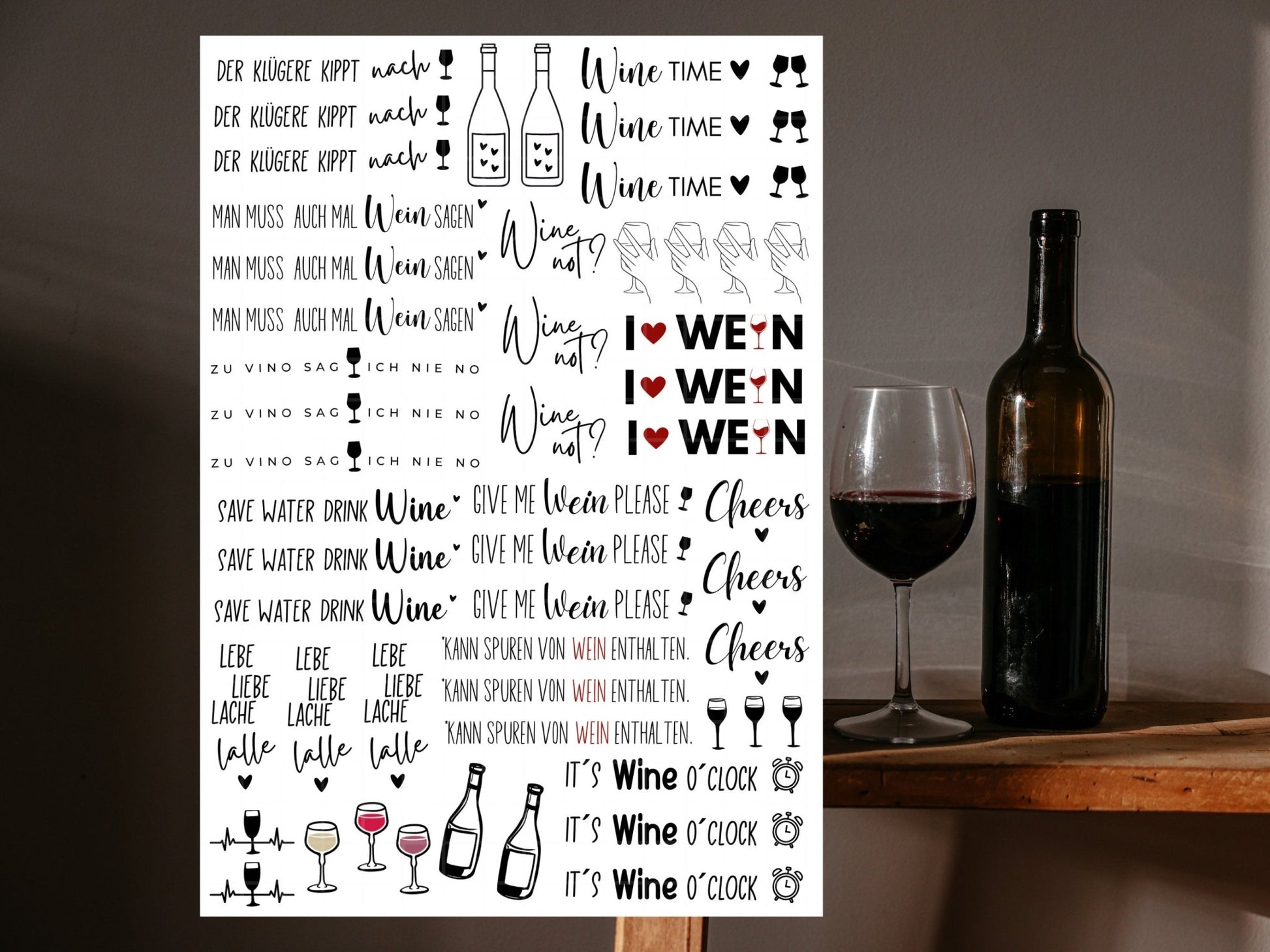 Wein Kerzen PDF Vorlage - Kerzen Tattoo Vorlage Wine not - Kerzen selbst gestalten - Kerzensticker zu Vino sag ich nie No - Wine Time Kerze - EmidaDesign